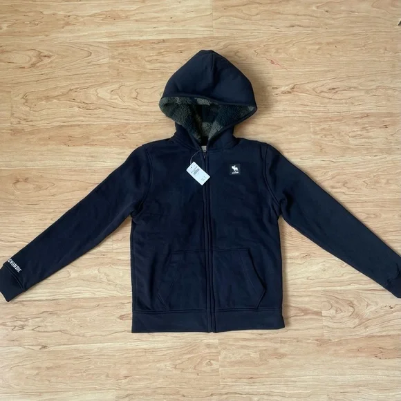 Abercrombie & Fitch Youth Black Hoodie Jacket Camo Lined Sherpa Size 13/14 - Picture 2 of 7